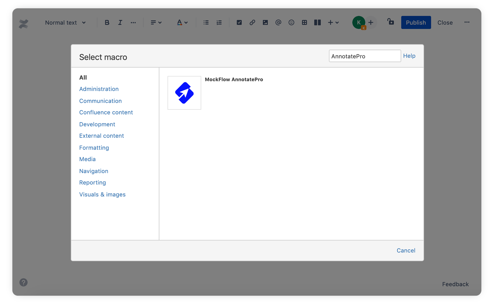 AnnotatePro listed in the Confluence insert menu