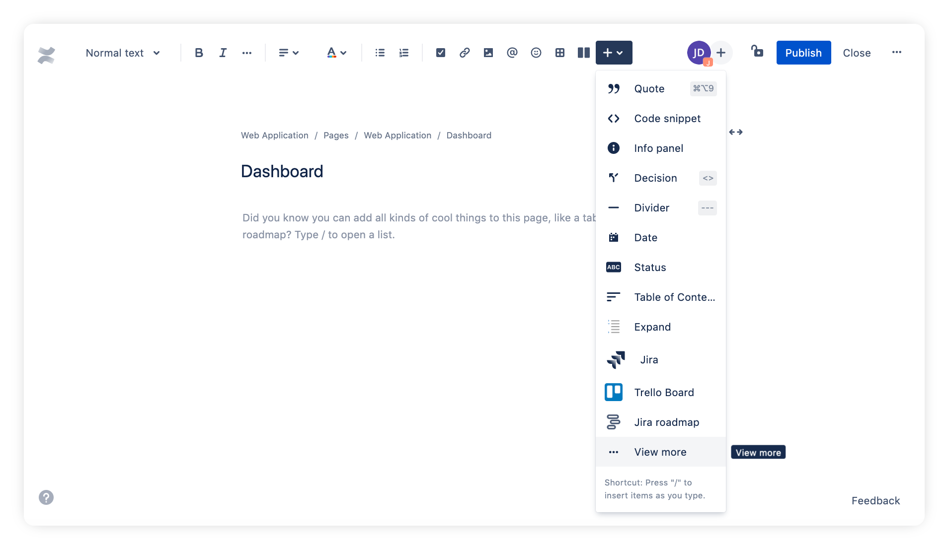 The Insert more content button in Confluence