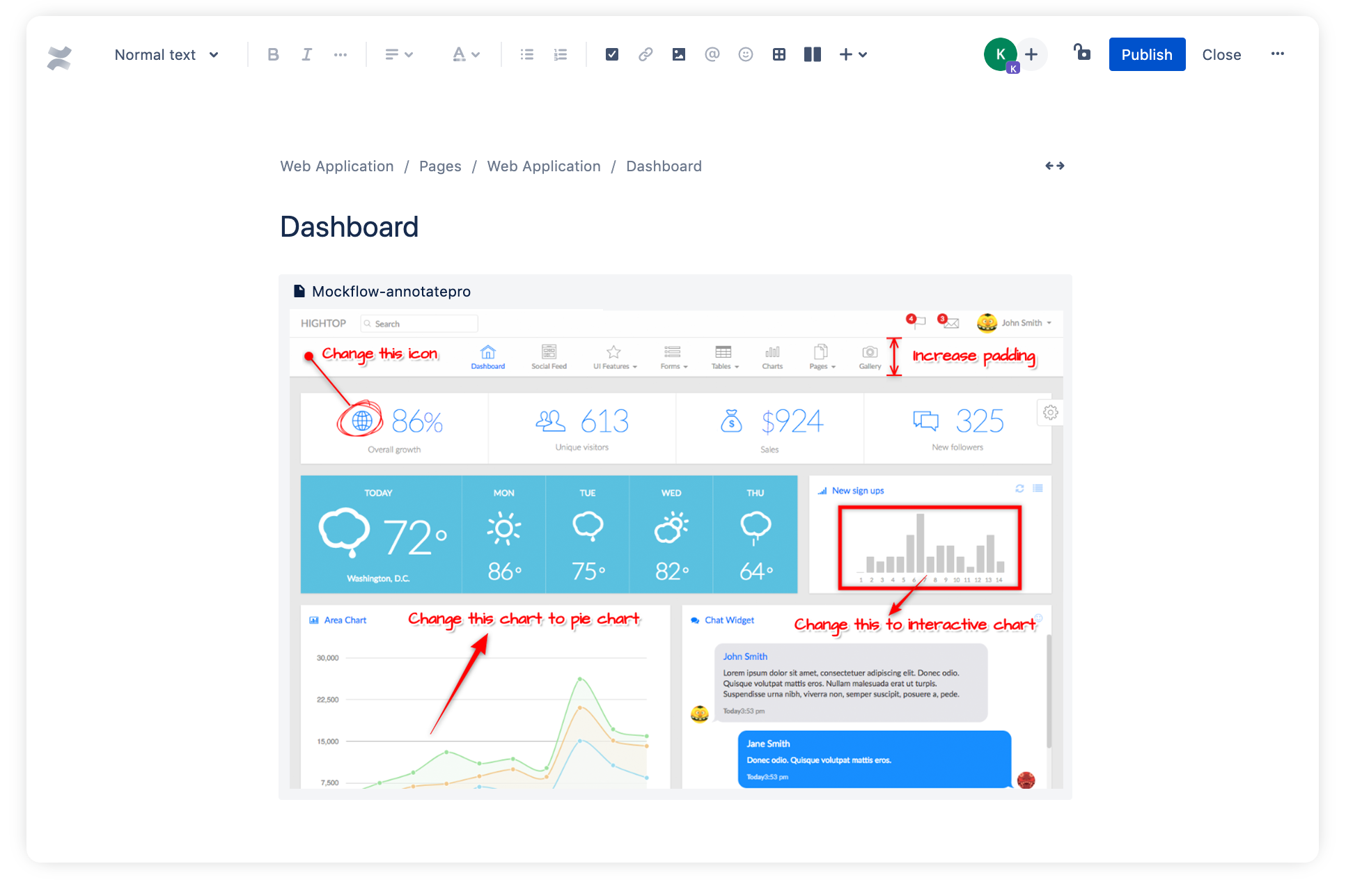 Annotated images inserted in a Confluence page