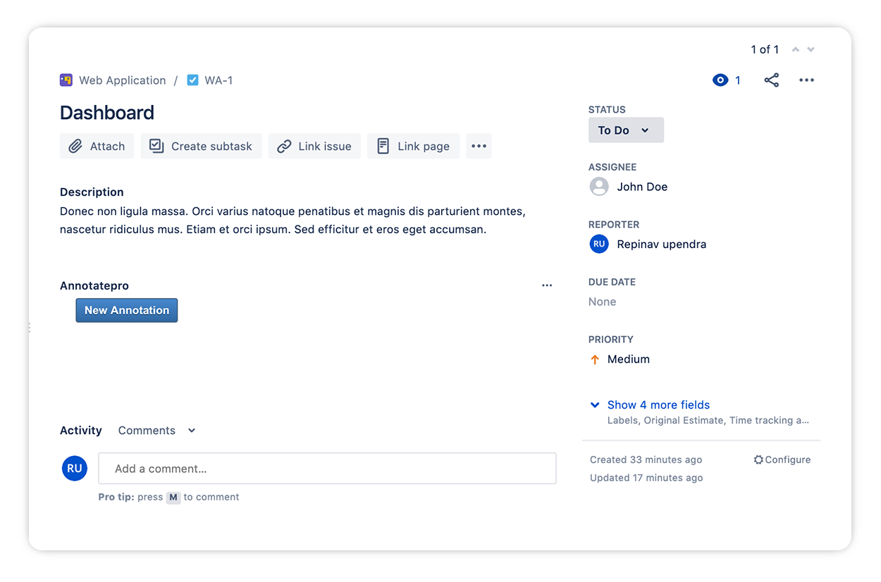 The AnnotatePro section in a Jira issue
