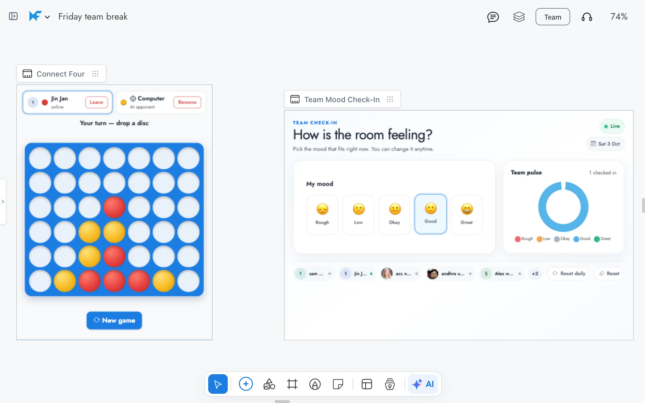 A Friday team break board with two artifacts: a Connect Four game against the computer and a team mood check-in showing who is on the board