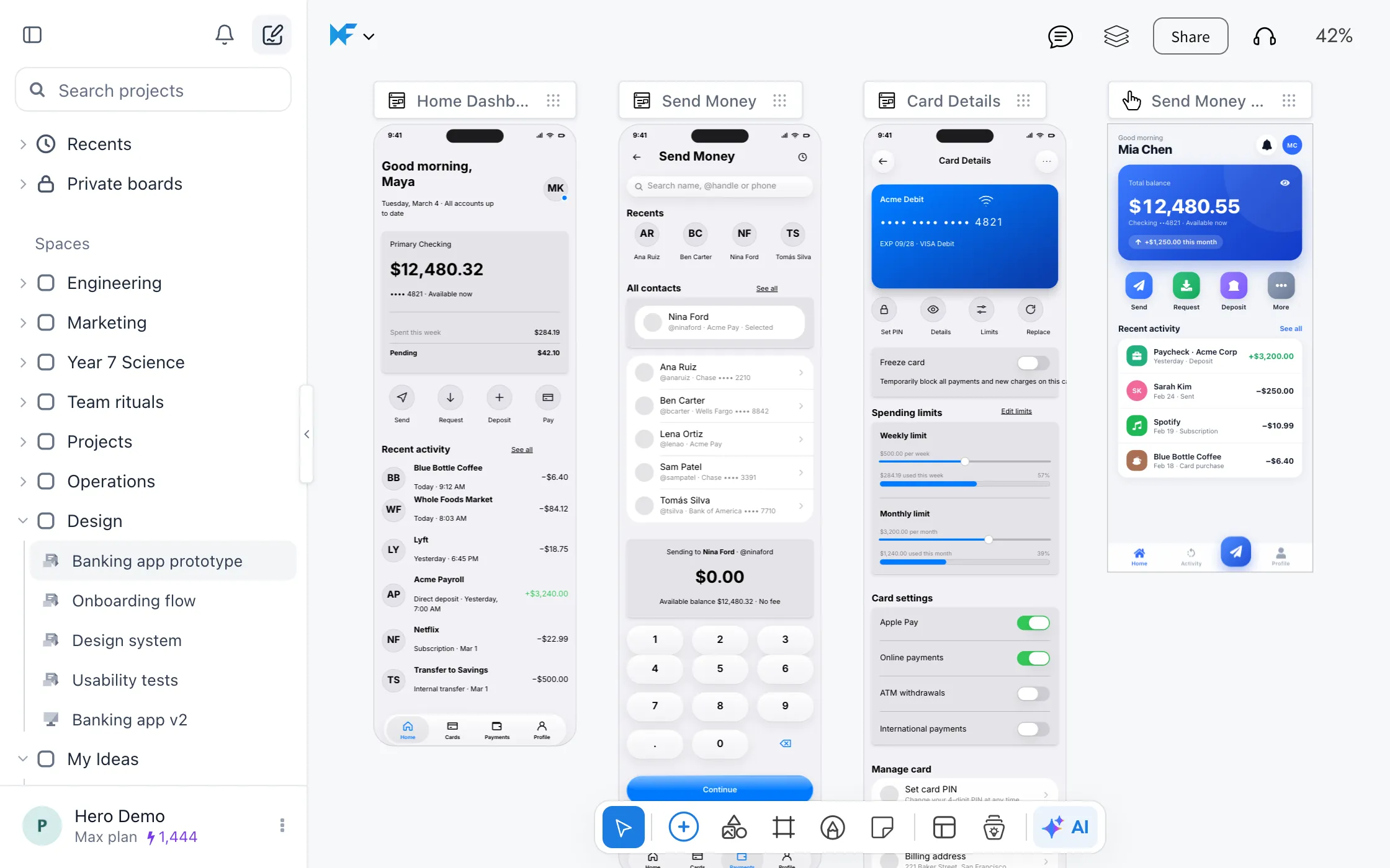 A Design space with a banking app board: home, send money and card details wireframes next to a clickable send money prototype