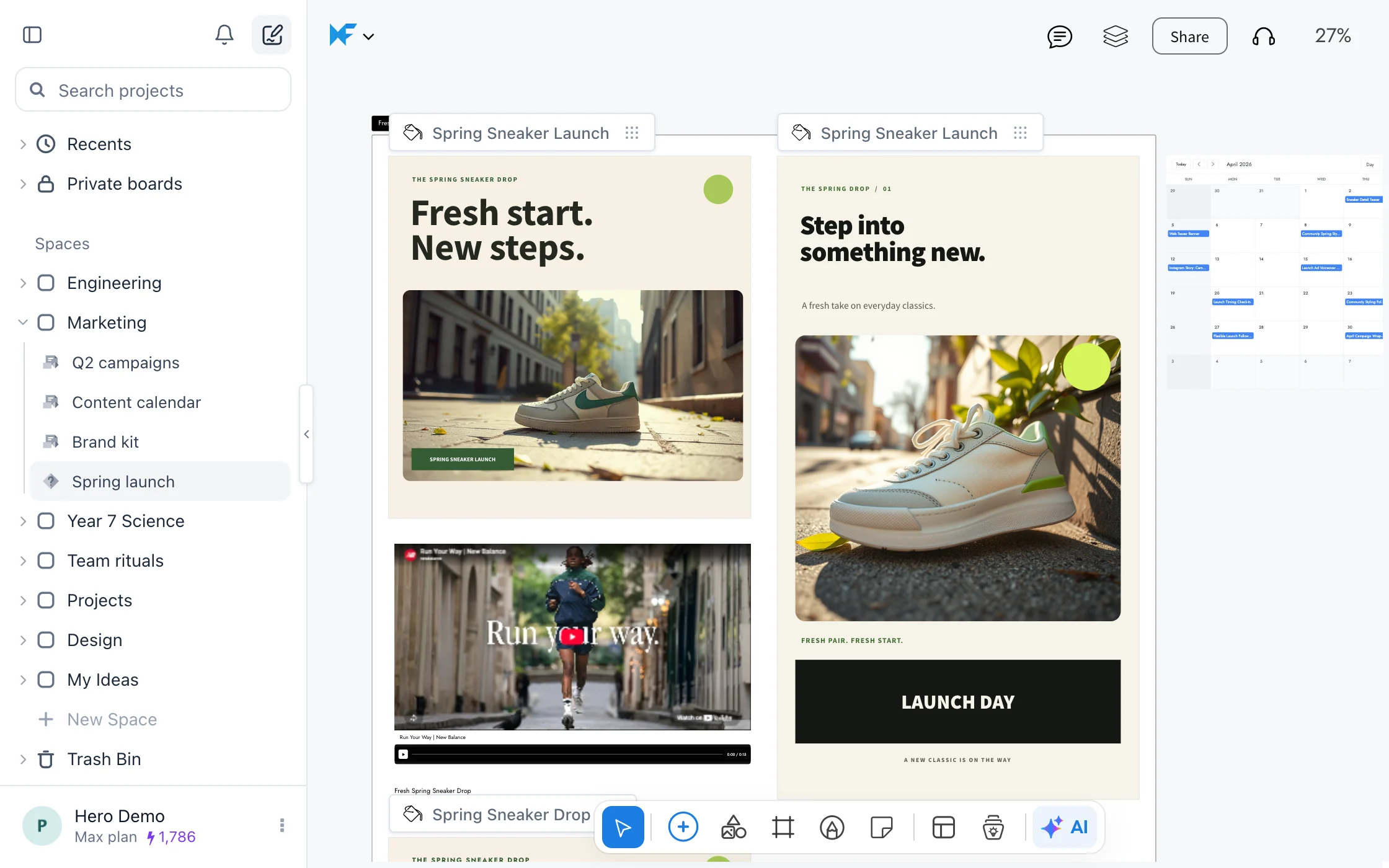 A Marketing space with a spring launch board: an Instagram post and story, an embedded YouTube ad, a voiceover audio clip and a content calendar