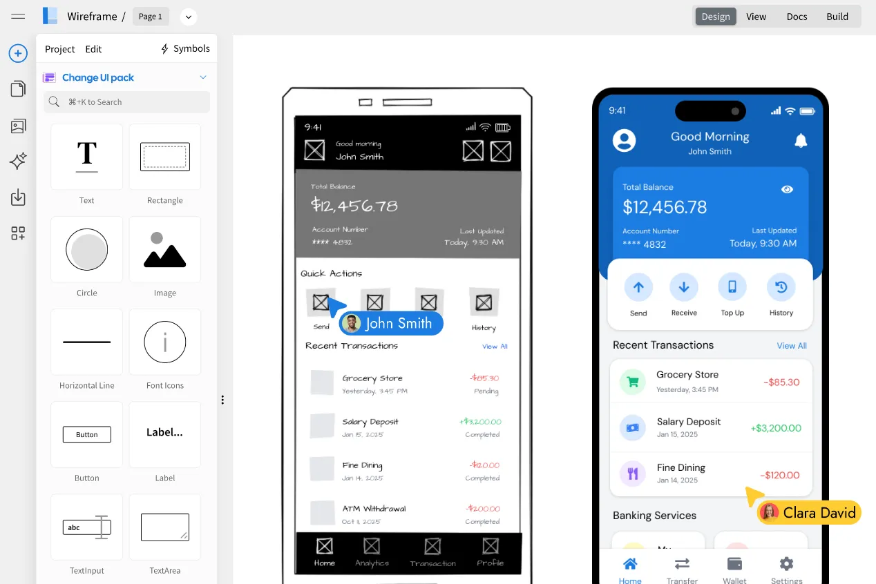 WireframePro with a sketchy banking app wireframe beside its hi-fi version