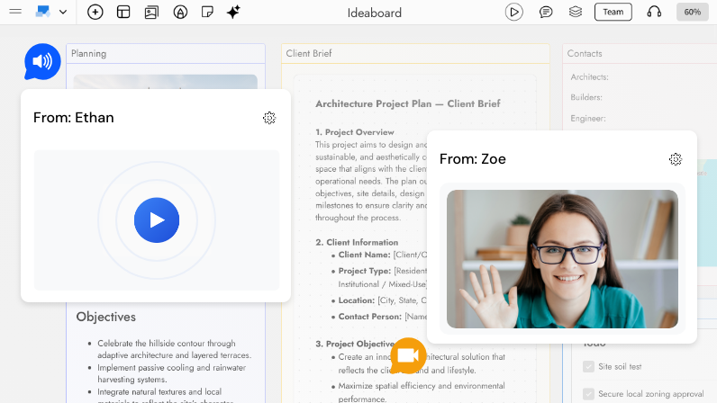 Voice and video comments on board items